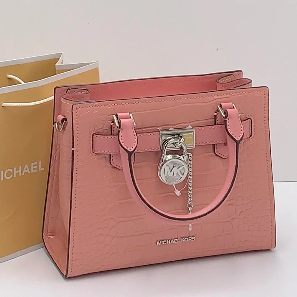 MICHAEL KORS Hamilton Small Crocodile Embossed Faux Leather Satchel Primrose NWT